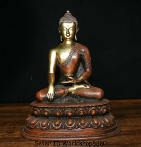 10.4" Old Tibet Red Buddhism Copper Gilt Shakyamuni Amitabha Buddha Robe Statue - Picture 1 of 12
