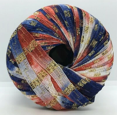 Memento Royale Berlini Glitter Ribbon Yarn #92 Americana w/ Gold Glitter  3/8"w - Image 1 of 4