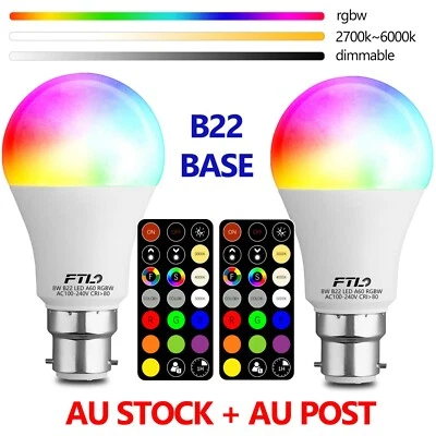 2× RGBW A60 B22 LED bayonet Light Bulb 8W Remote Control 30 Colour Changing - image 1 of 4