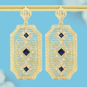 9K Yellow Gold Blue and White Sapphire Vintage Style Filigree Drop Earrings - Picture 1 of 7