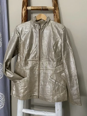DIALOGUE Womens Metallic Champagne Gold Leather Long Sleeve Jacket Sz S Full Zip - Image 1 of 4