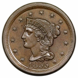 1855 Braided Hair Large Cent, Upright 55, N-6 - Picture 1 of 3