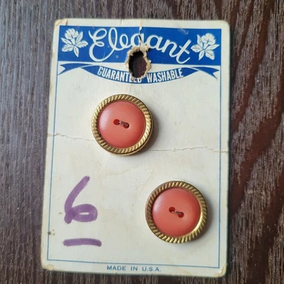 Vintage Elegant Buttons Card of 2 buttons | Red/Rust w/ Gold Rim, 20mm, USA Made - Image 1 of 4