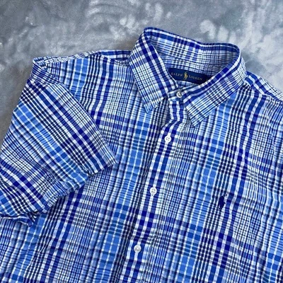 Camisa Ralph Lauren Manga Corta Con Botones Para Hombre Grande Azul A Cuadros Seersucker Foto 1 de 4