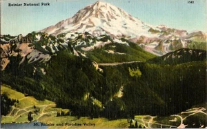 Postal Monte Rainier y Paradise Valley Washington Volcán Cubierto de Nieve Lino - Imagen 1 de 2
