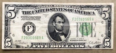 1928B $5 FRN ATLANTA [] GOLD REDEEMABLE MOTTO [] FR 1952-F  Ser#  F 20360569 A - Image 1 of 4