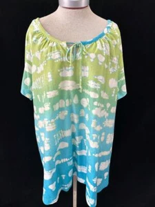 Mainstreet Blues blouse top size 1X short sleeve V neck blue green cotton - Picture 1 of 5