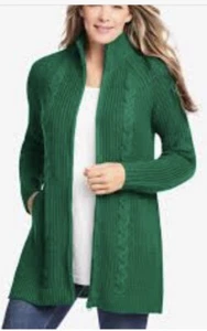 NWT Woman Within Women’s Cardigan Sz 2X 26/28 Green Full Zip Cable Knit Sweater - Picture 1 of 1