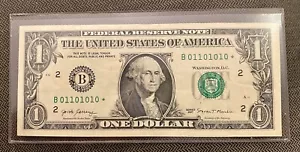 $1 One Dollar Bill Star Note Fancy Serial Number True Binary 2017 SN B01101010 - Picture 1 of 3