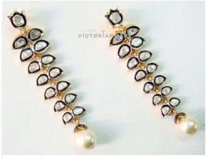 Natural Diamond Polki Earrings Pearl Earrings Natural Uncut 925 Sterling Silver - Picture 1 of 5