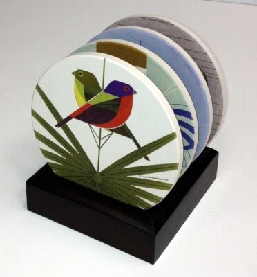 Charles/Charley Harper Love Birds Absorbent Stone Coaster Set with Stand - Image 1 of 4