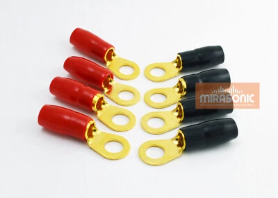 Terminal de anillo enchapado en oro Mirasonic calibre 4 AWG 3/8" perno 8 piezas (4 ROJO 4NEGRO) Foto 1 de 4