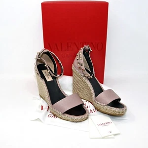 Valentino 37 Worn Once Rockstud Double Espadrille Wedge Sandals Poudre - Picture 1 of 13