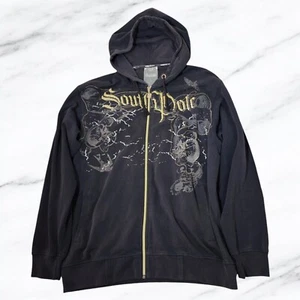Y2K Vintage SouthPole Mens LARGE Black Full Zip Hoodie Jacket Stitched Spellout - Picture 1 of 17