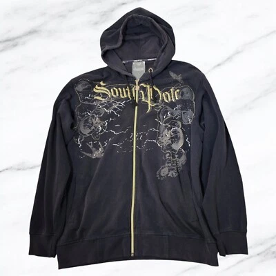 Chaqueta con Capucha Y2K Vintage SouthPole Para Hombres GRANDE Negra Cremallera Completa Cosida Spellout Foto 1 de 4
