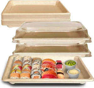 1.5L X-Large Compostable Sushi Trays with Lids - Natural Sugarcane Bagasse 400pc - Picture 1 of 6