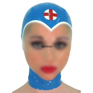 Blaue Latex Gummi Haube Maske Krankenschwester Uniform Kappe klar Gesicht BDSM F - Bild 1 von 5