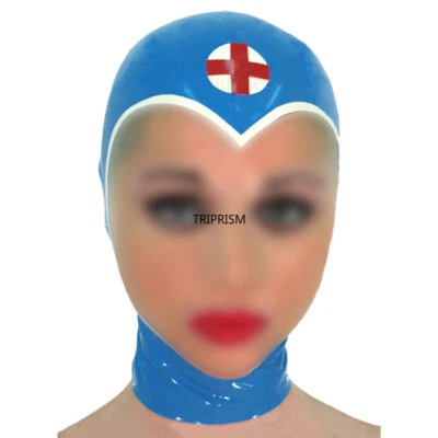 Blaue Latex Gummi Haube Maske Krankenschwester Uniform Kappe klar Gesicht BDSM F - Bild 1 von 4