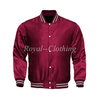 New Men's Varsity Letterman baseball Maroon Bomber Style All Satin Jacket XS~7XL - Image 1 of 3