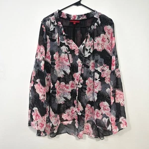 Jennifer Lopez NWT 2X Floral Sheer Blouse Black Pink Metallic Romantic Glam - Picture 1 of 9
