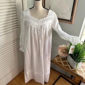 EILEEN WEST Womens Nightgown White Long Sleeve Cotton Cottage Romantic SMALL - Picture 1 of 16