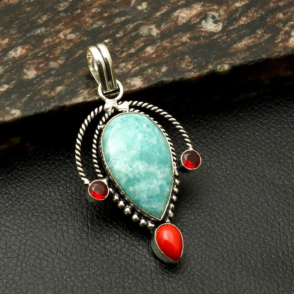 Joyería colgante hecha a mano de piedras preciosas de coral amazonita para Año Nuevo 2,4" AP-39011 Foto 1 de 1