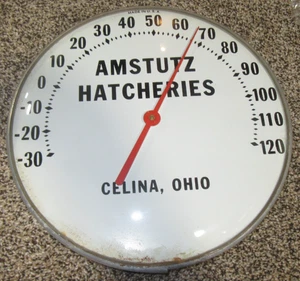 Vintage Amstutz Hatcheries Glass Front 12" Round Advertising Thermometer - Picture 1 of 4