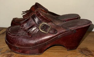 Size 8B, 1970s Vintage Real Leather & Wood Clogs Nobils Brazil, Distressed - Picture 1 of 10