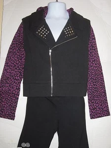 Disney Girls Jacket Leggings Set Small 6 XS Cheetah Hood Moto Black Purple  - Picture 1 of 12