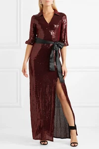 🖤(NO BELT SASH) ALICE + OLIVIA Burgundy Red Sequin Embellish BAYLEY Maxi Gown 4 - Picture 1 of 12