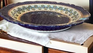 Ciotola in piatto rotondo 13 pollici ceramica dalla Polonia dipinta a mano fiori rossi blu - Foto 1 di 12