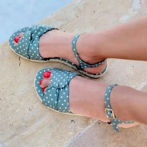 Women's Espadrille Open Toe Polkadot Ankle Strap Flat Sandals Green Color - Picture 1 of 4