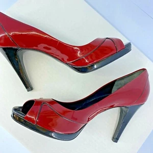 Ann Taylor Sz 8.5M Red Patent Leather Peep Toe Heel Pump - Picture 1 of 11