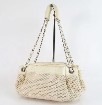Auth. CHANEL Ivory Knitting and Leather Chain Shoulder Tote Bag Purse #57747 - Image 1 of 4