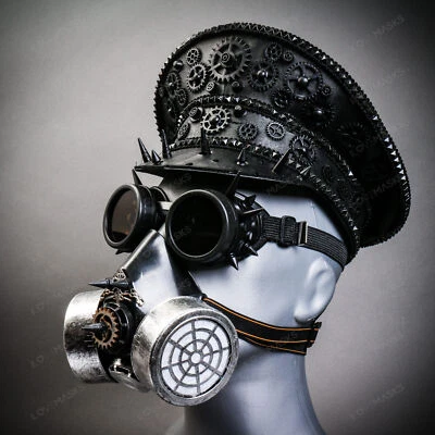 Gorra Capitán Steampunk Negra con Máscara de Gas de Fiesta Plateada y Gafas de Punta Negra Foto 1 de 4