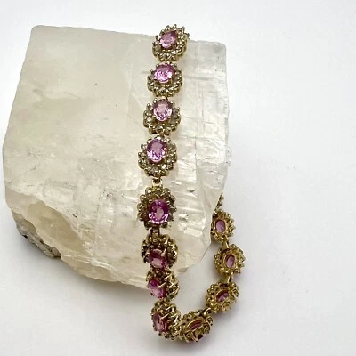 Brazalete de oro amarillo de 14 quilates con halo de diamantes y zafiro rosa RJM joyería real de 7 pulgadas Foto 1 de 4