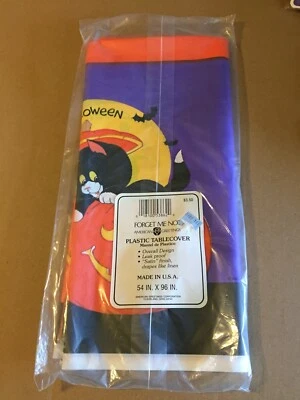 VINTAGE HALLOWEEN BLACK KITTY & JOL PLASTIC TABLECOVER MADE IN USA 54" X 96" - Image 1 of 2