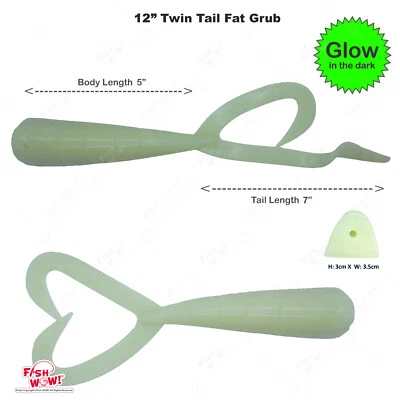 FISH WOW!® Glow 12" (with tail extended) Twin Tail Perch Grub Fat Thick Scampi big game lot