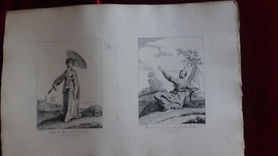Gravure ancienne XIX ième WATTEAU-Ombrelle chinoise, Mandarin, Costumes, Asie - Photo 1/3