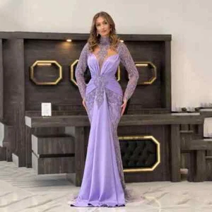 Elegant Lace Mermaid Evening Dresses High Neck Long Sleeves Prom Party Gowns New - Picture 1 of 9