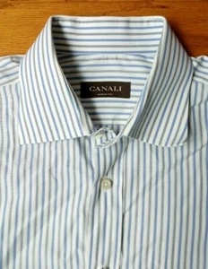 Camisa de vestir Canali 42/16.5 azul a rayas manga larga con botones hecha en Italia Usada en excelente condición - Imagen 1 de 10