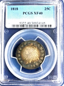 1818 25C XF40 PCGS-Capped Bust Quarter-Colorful Bullseye album toning. PQ Toner! - Picture 1 of 4