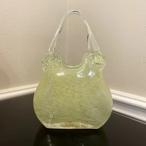 VNTG Vase Murano Hand Blown Green Controlled Bubble Purse Shaped Glass Vase - Picture 1 of 6
