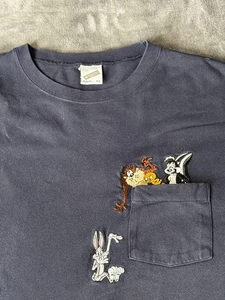 Vintage Looney Tunes Hemd Herren XL blau Pocket Bugs Taz Tweety Pepe 1993 - Bild 1 von 12
