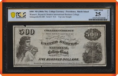 KC- 1860's Providence, RI National College Bank $500 - VF 25 Details PCGS-B - Image 1 of 3