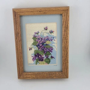 Vintage Framed Needlepoint Art Purple Violets Floral Signed  Handmade - Picture 1 of 8