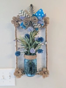 Rustic Blue Mason Jar Wood Wall Sconce Shabby Chic Cottage Farmhouse  - Picture 1 of 6