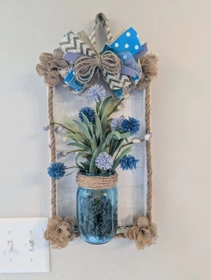 Rustic Blue Mason Jar Wood Wall Sconce Shabby Chic Cottage Farmhouse  - Image 1 of 4
