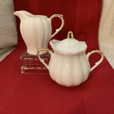 Creamer & Sugar Bowl White W/Gold Trim by Grace Teaware & Pacifica Teaware NEW - Image 1 of 4