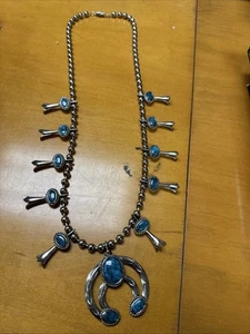 Vintage Silver Tone Faux Turquoise Lucite Squash Blossom Necklace - Picture 1 of 4